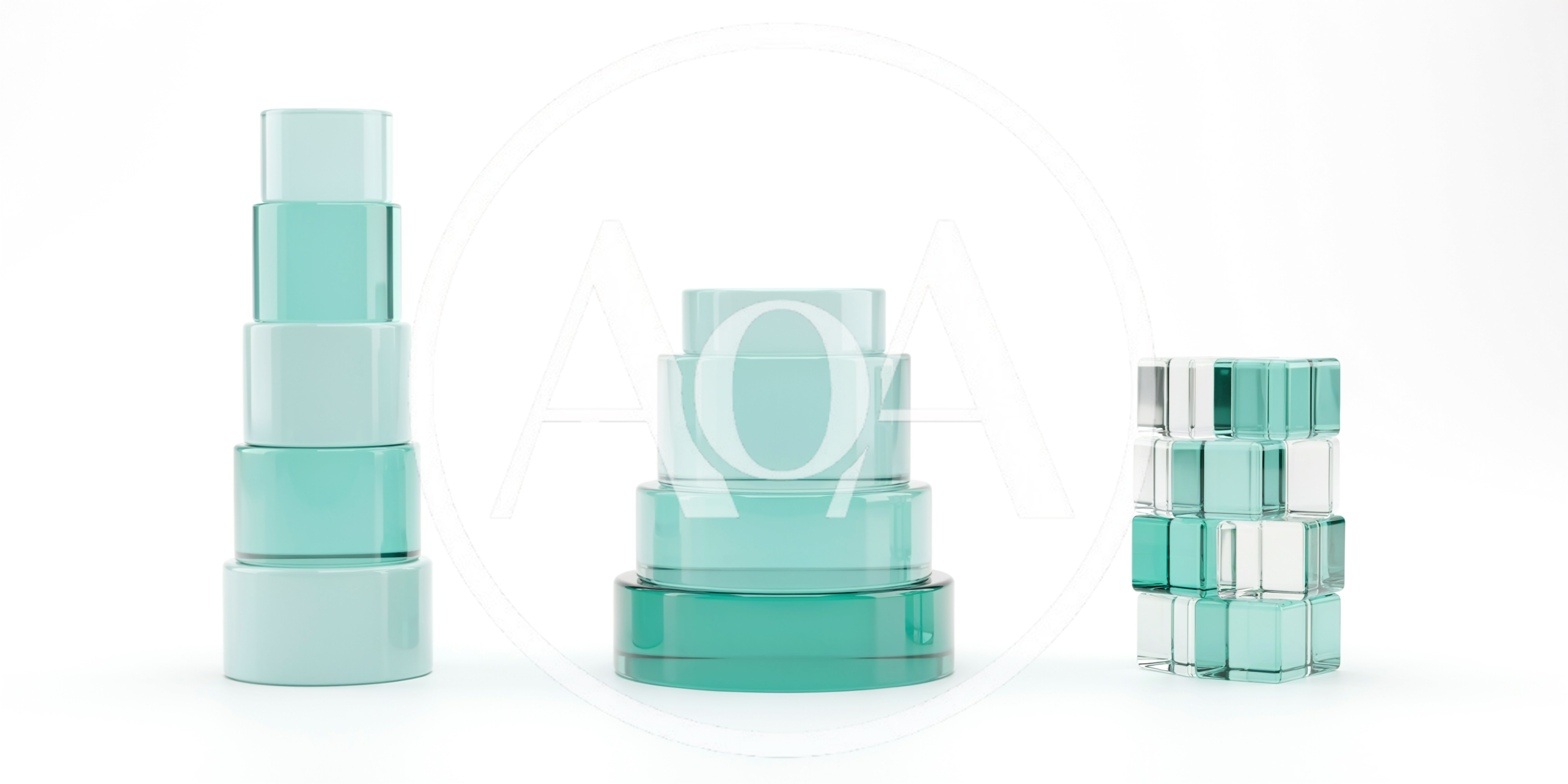 Three Abstract Glass Geometric Sculptures On White Background