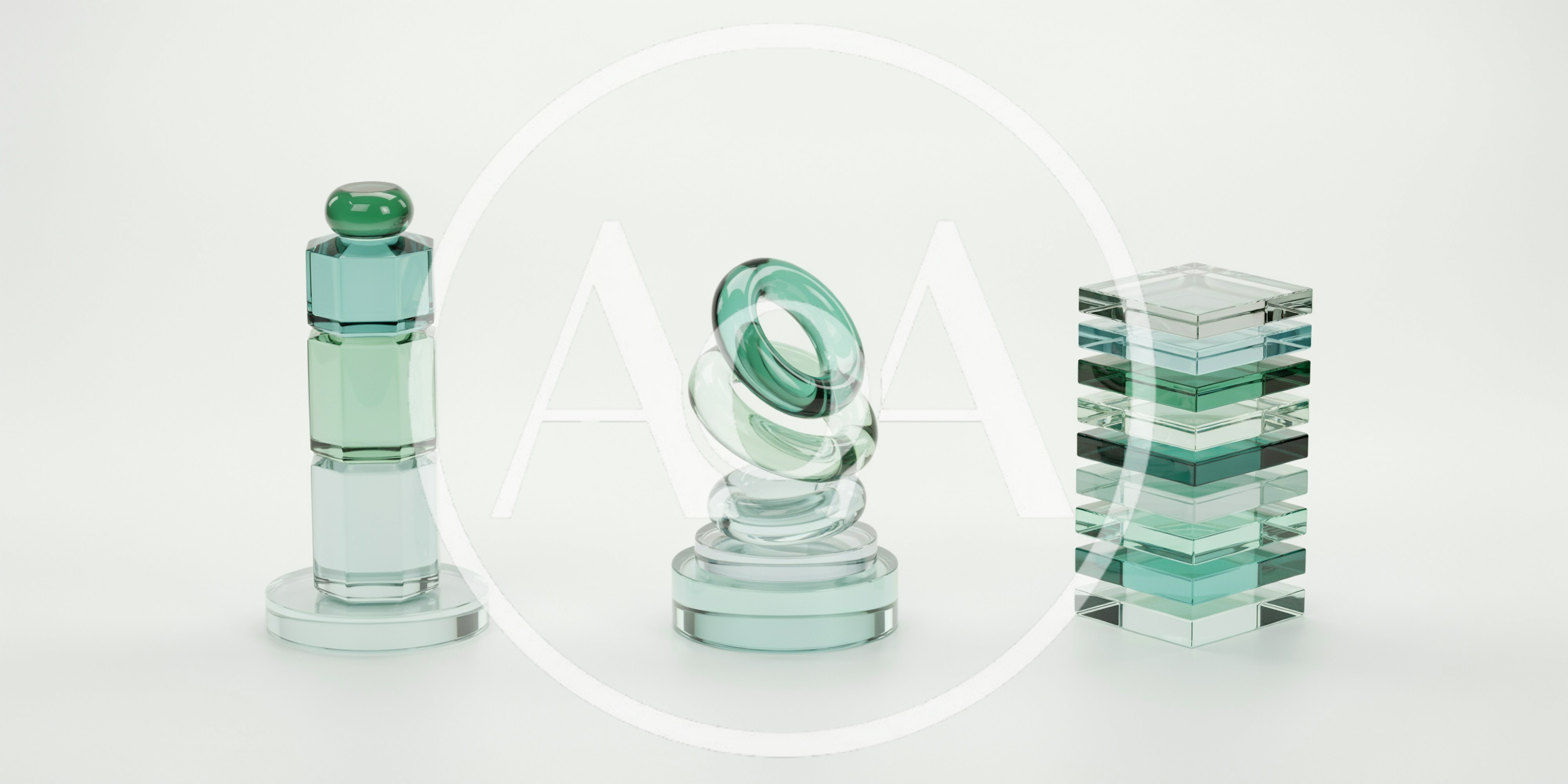 Abstract Glass Geometric Sculptures On White Background