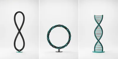 Three Abstract Geometric Sculptures On White Background