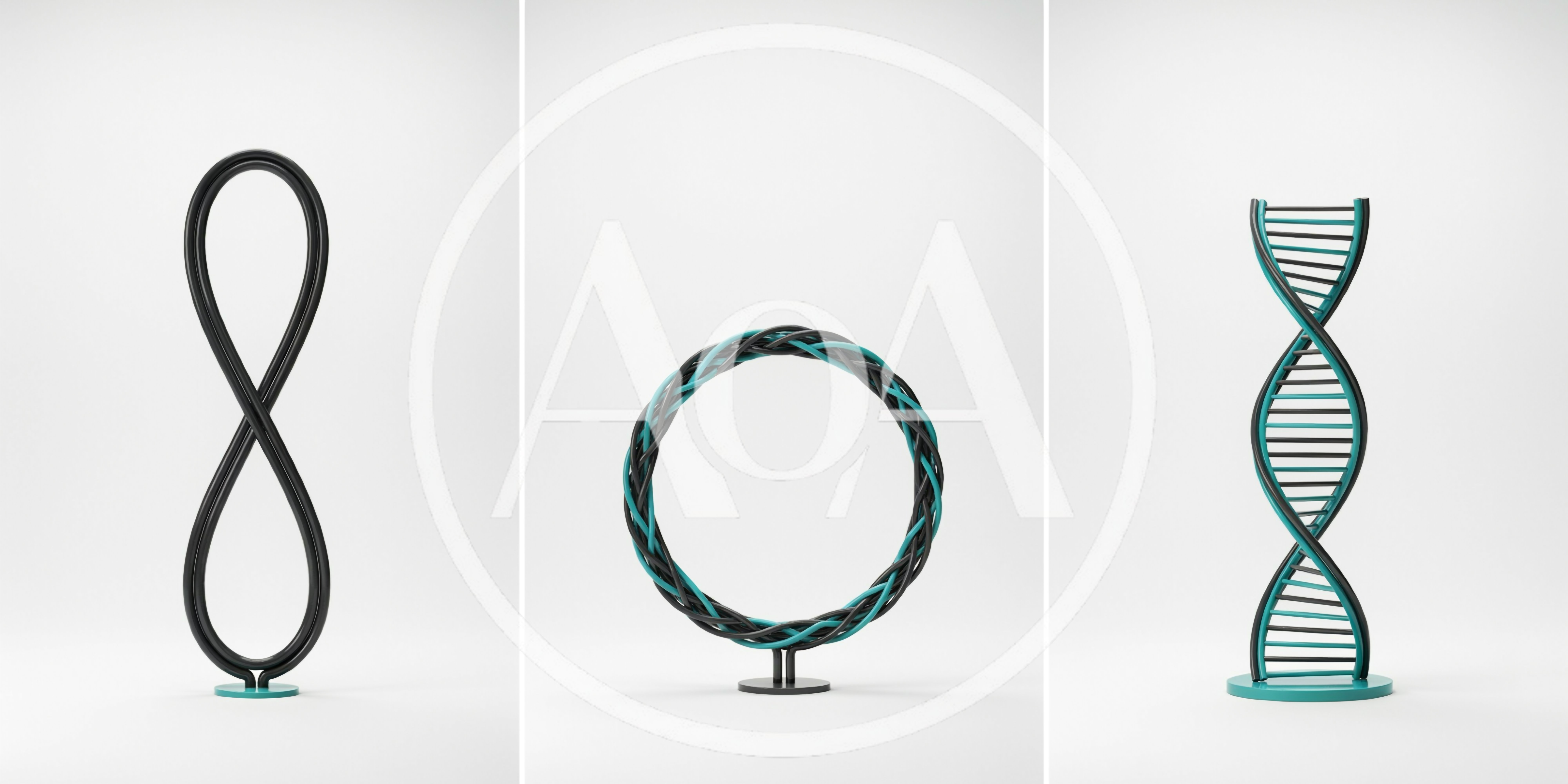 Three Abstract Geometric Sculptures On White Background