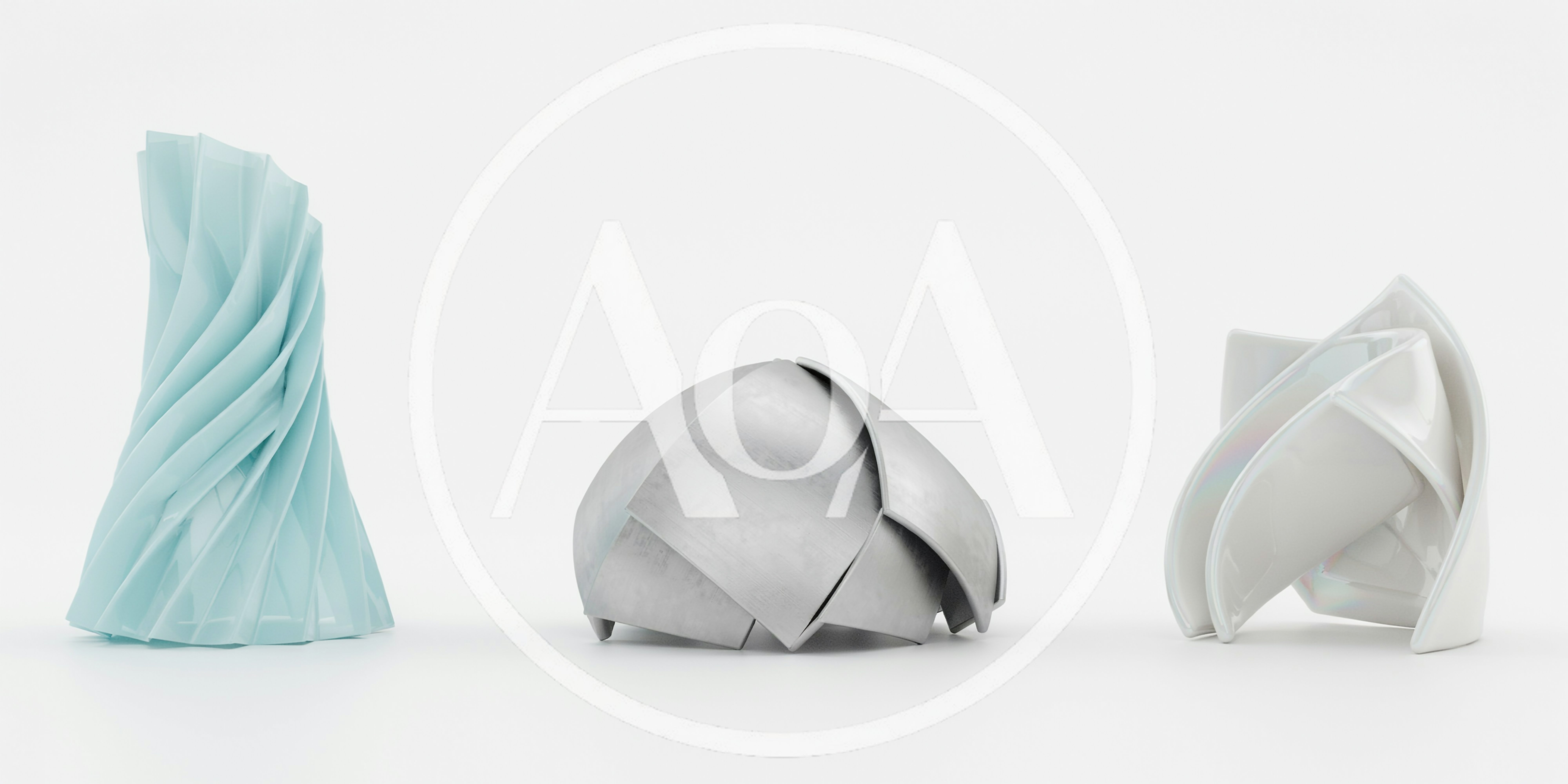 Three Abstract Geometric Sculptures On White Background