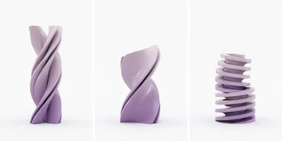 Three Abstract Purple Spiral Sculptures On White Background