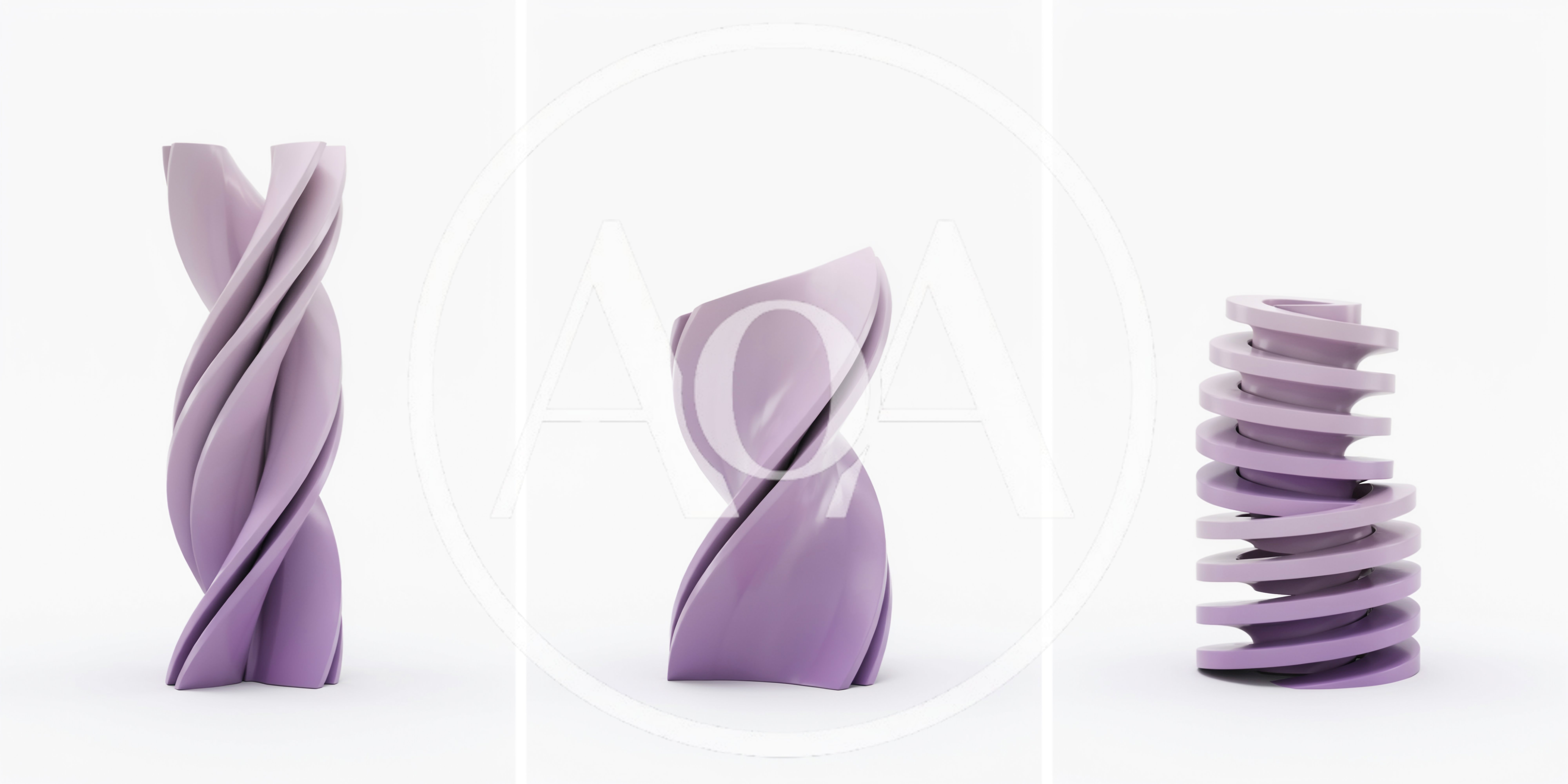 Three Abstract Purple Spiral Sculptures On White Background