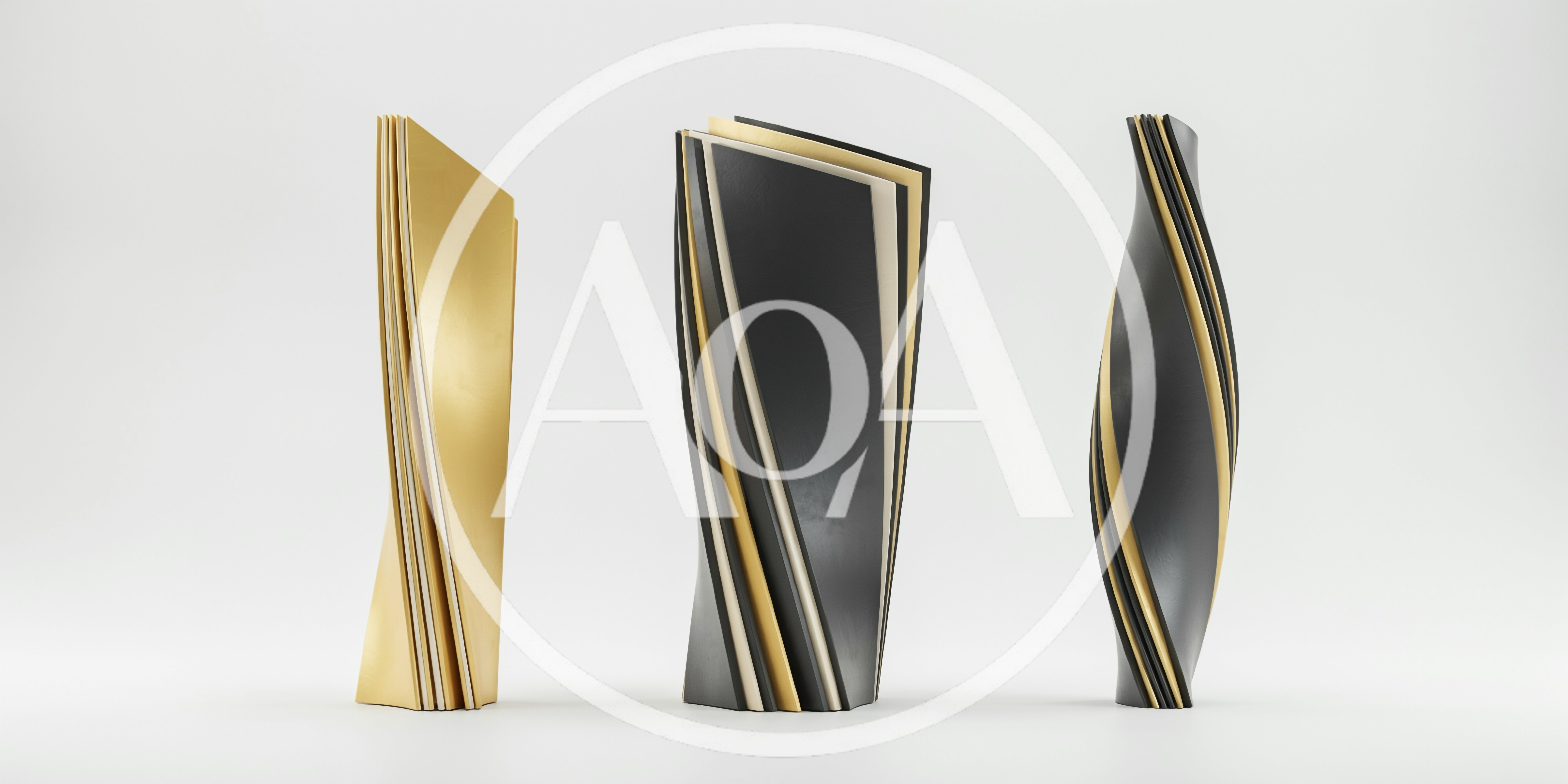 Three Abstract Modern Sculptures On White Background