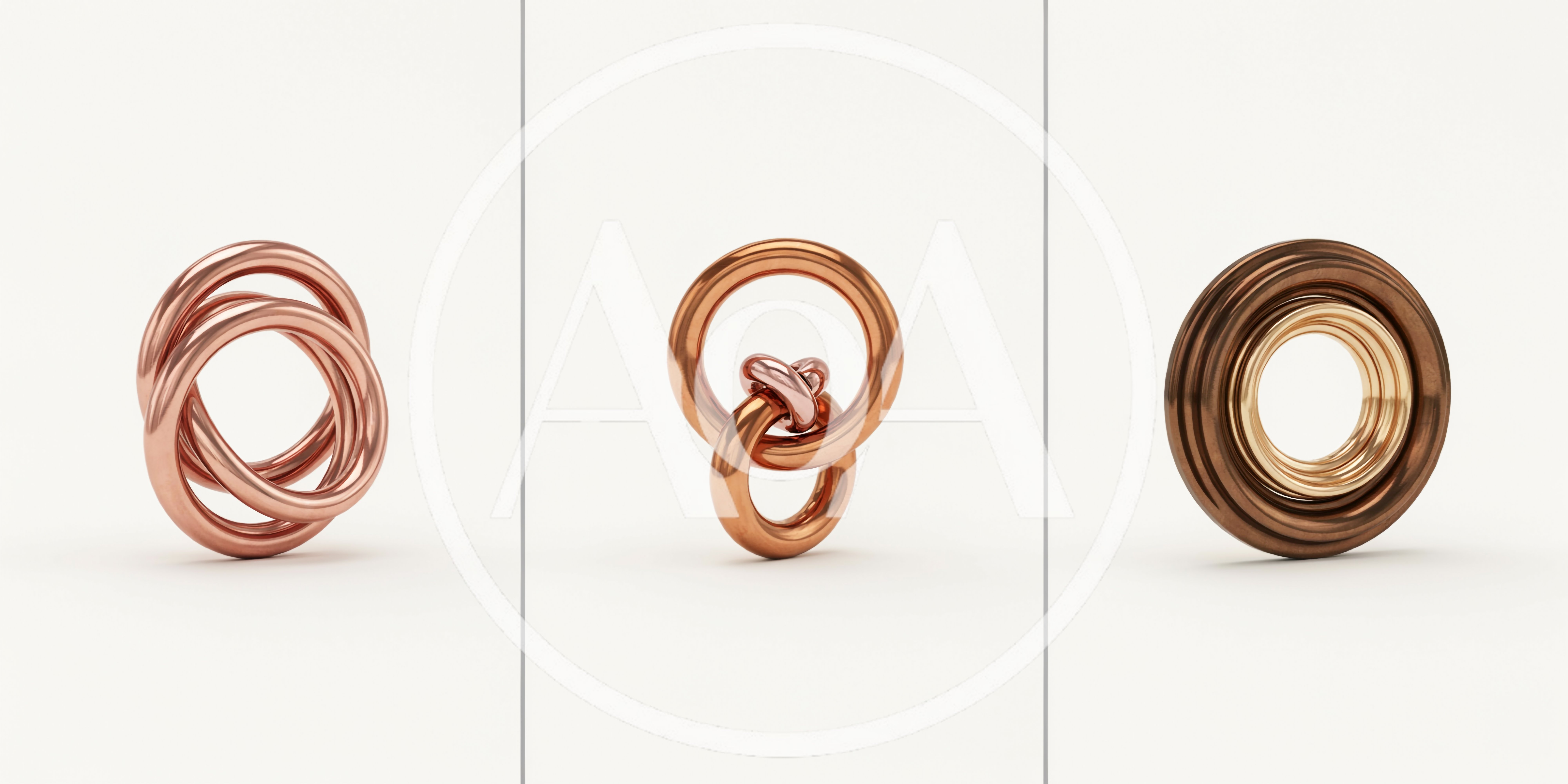 Abstract Metallic Ring Sculptures On White Background