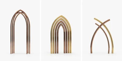 Abstract Metallic Arch Sculptures On White Background