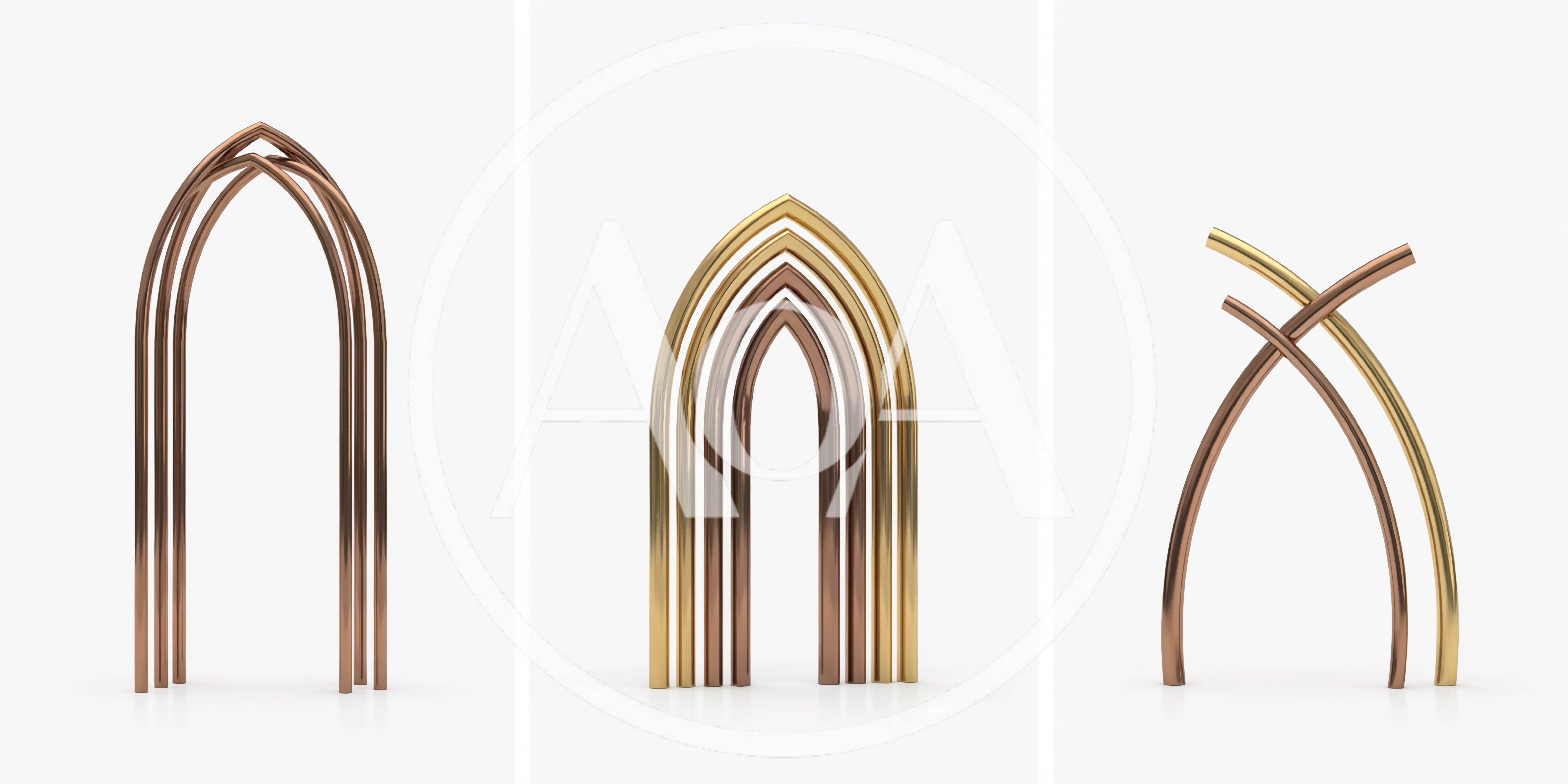 Abstract Metallic Arch Sculptures On White Background