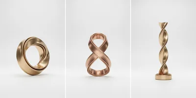 Three Abstract Metallic Sculptures On White Background