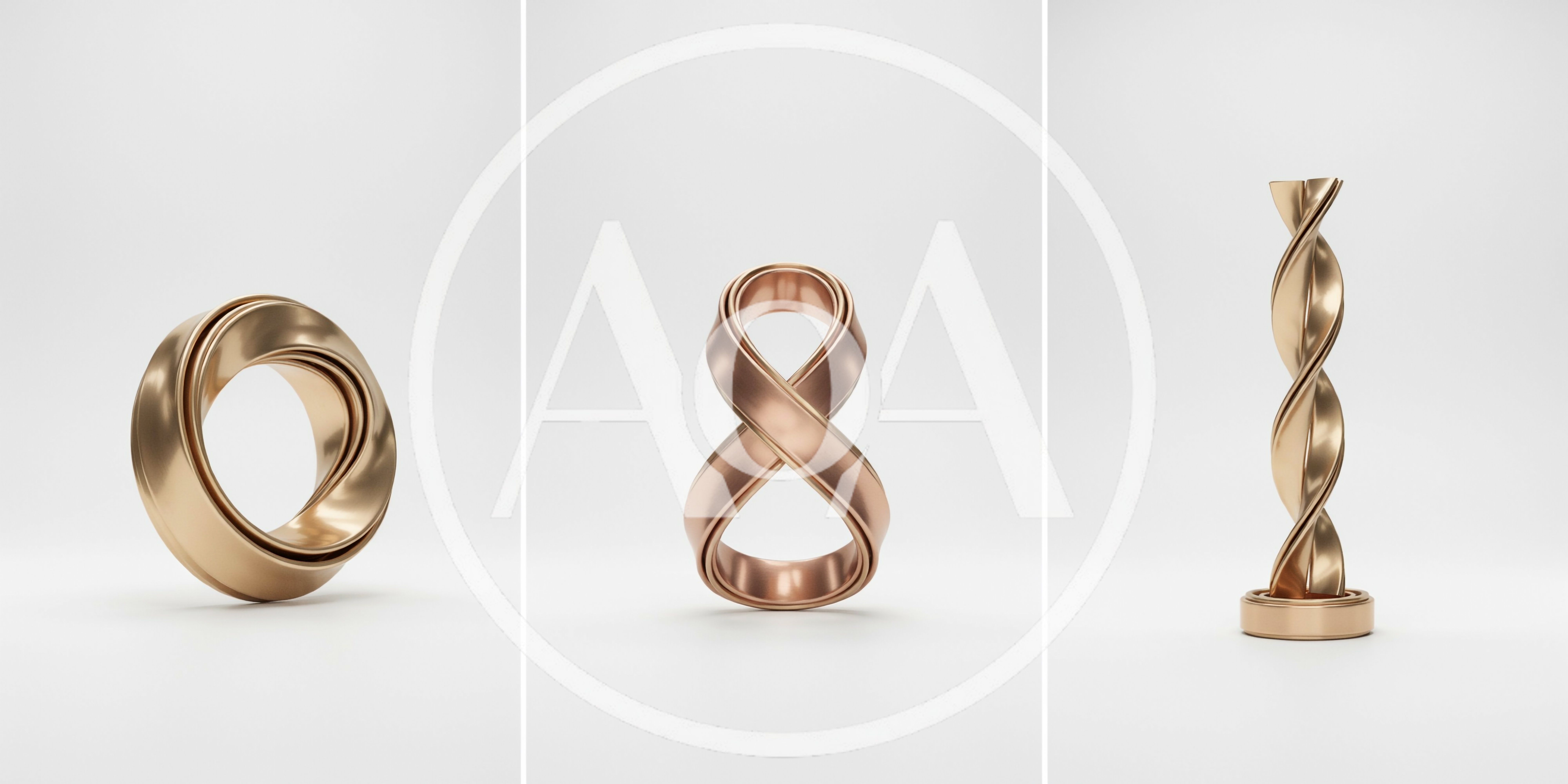 Three Abstract Metallic Sculptures On White Background