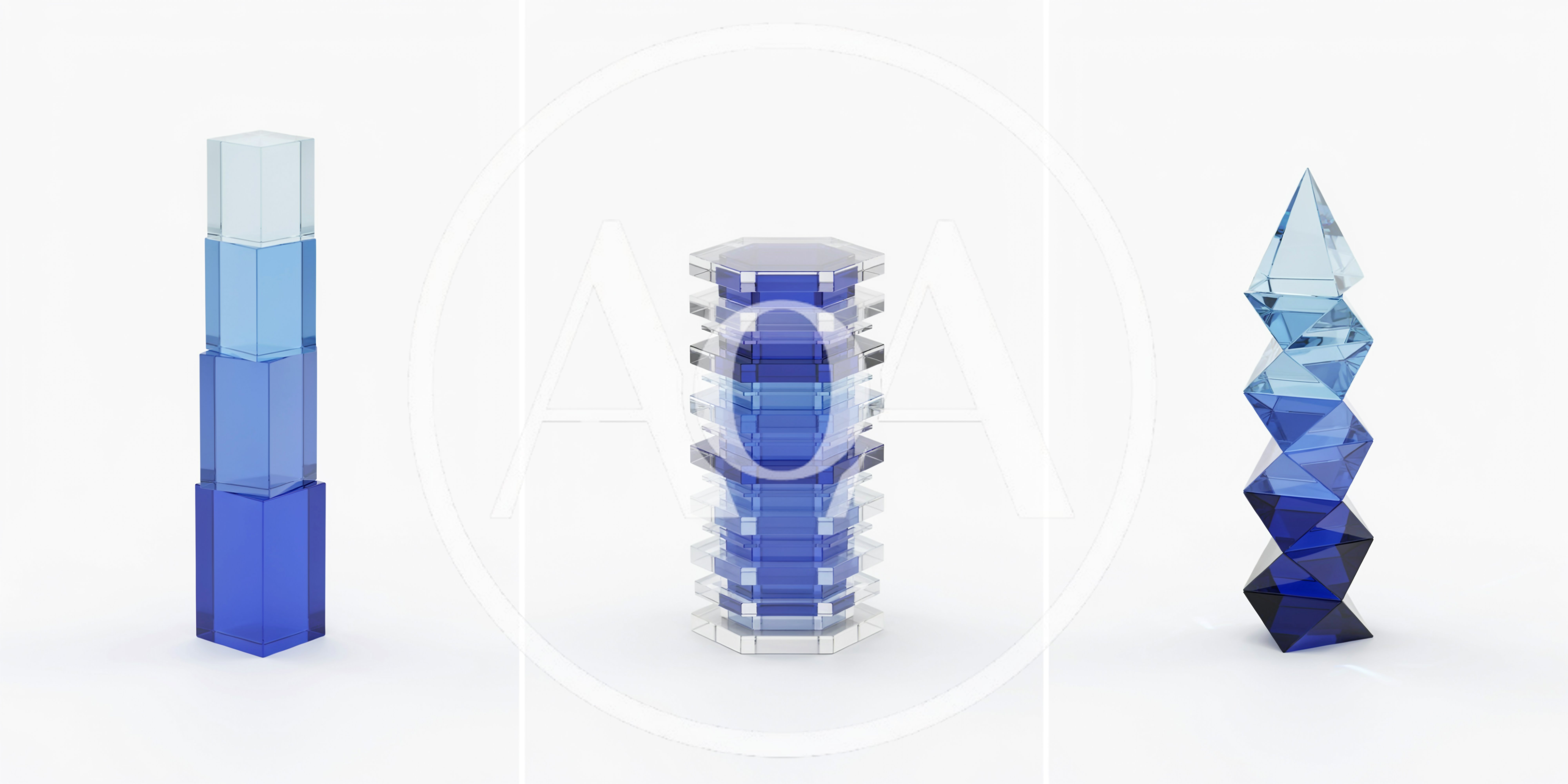 Three Abstract Geometric Glass Sculptures On White Background