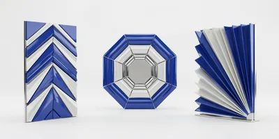 Three Abstract Geometric Sculptures With Blue And White Panels