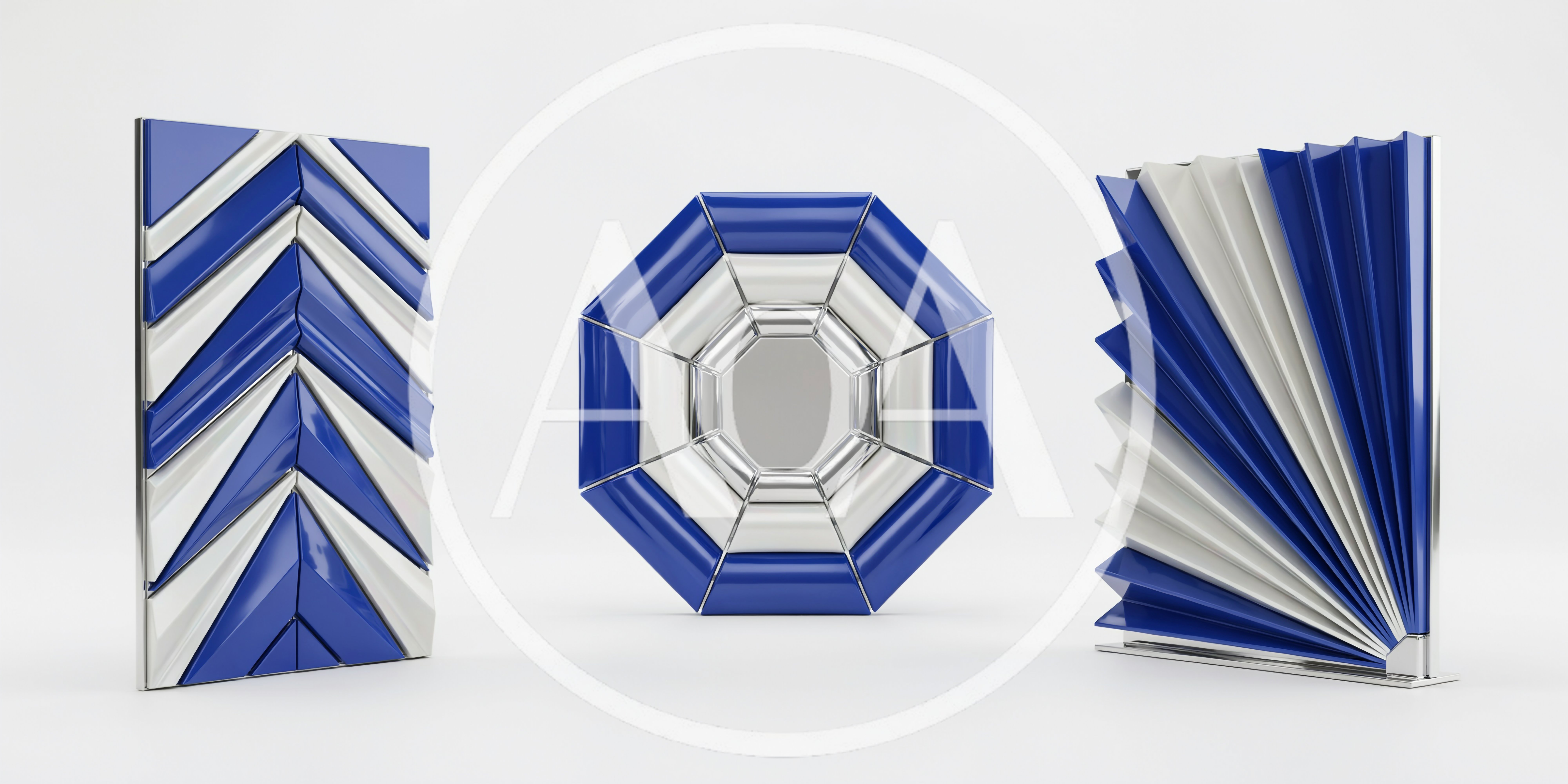 Three Abstract Geometric Sculptures With Blue And White Panels