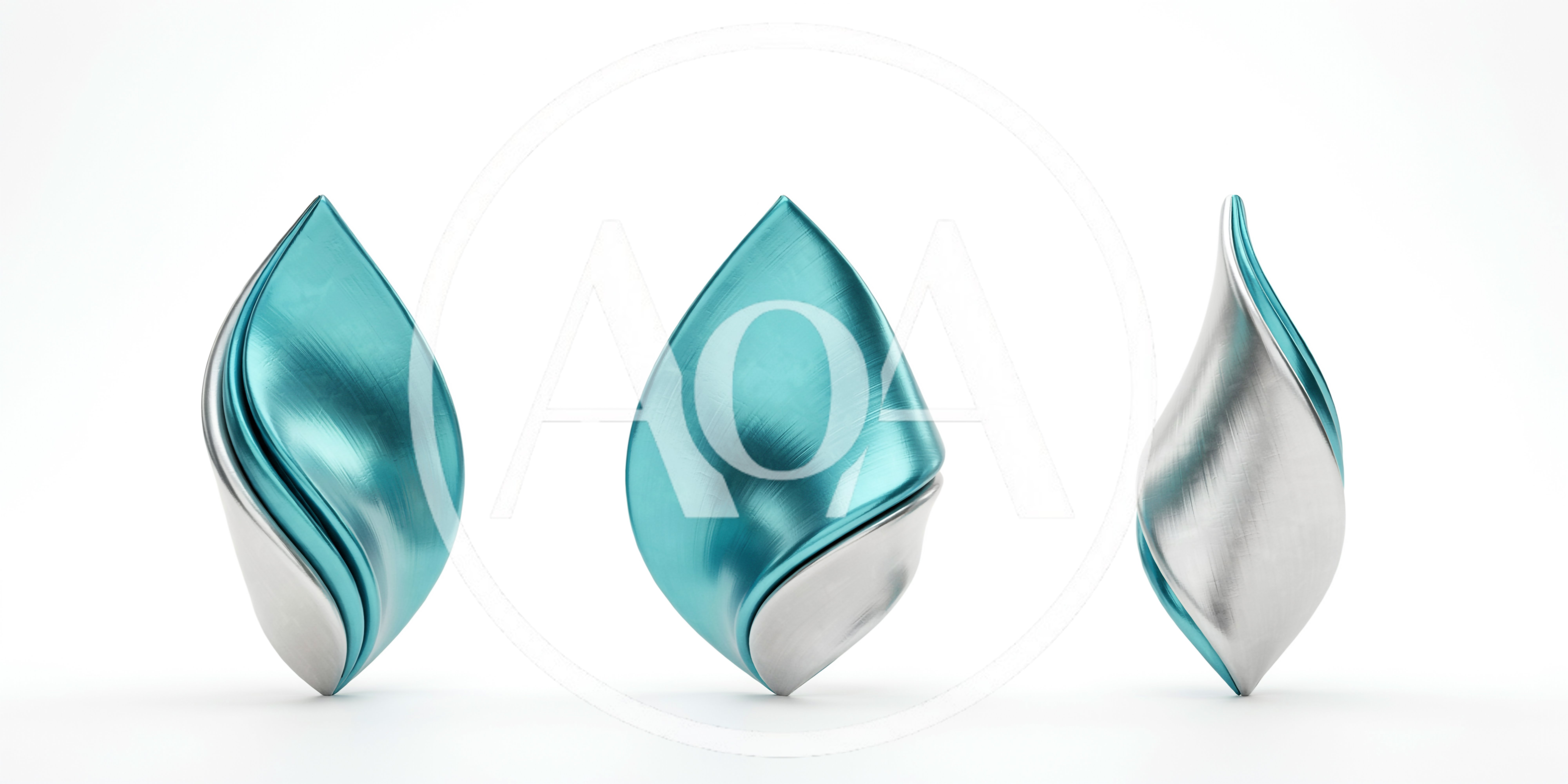 Three Abstract Metallic Leaf Sculptures On White Background