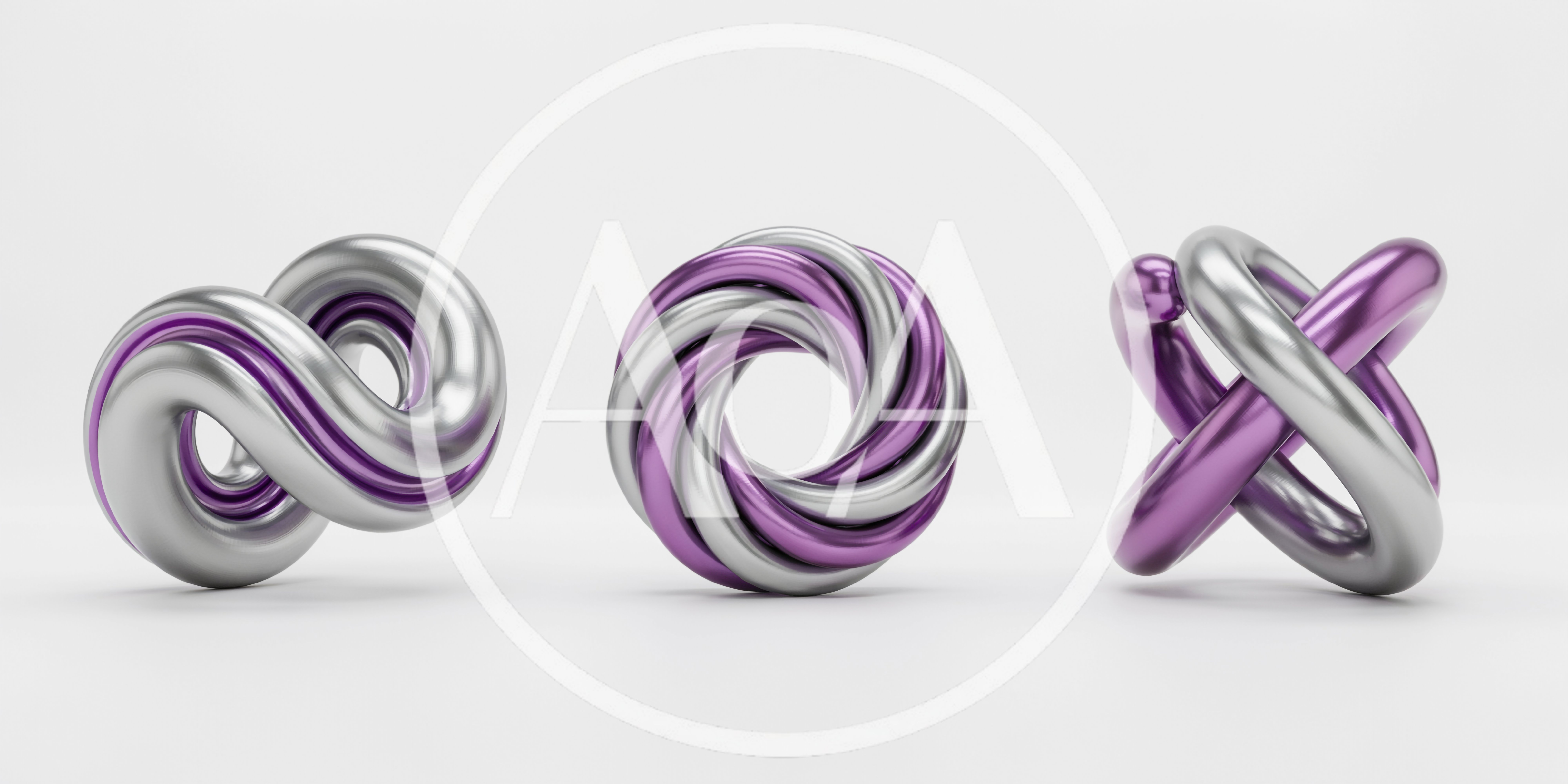Abstract Metallic Geometric Sculptures on White Background