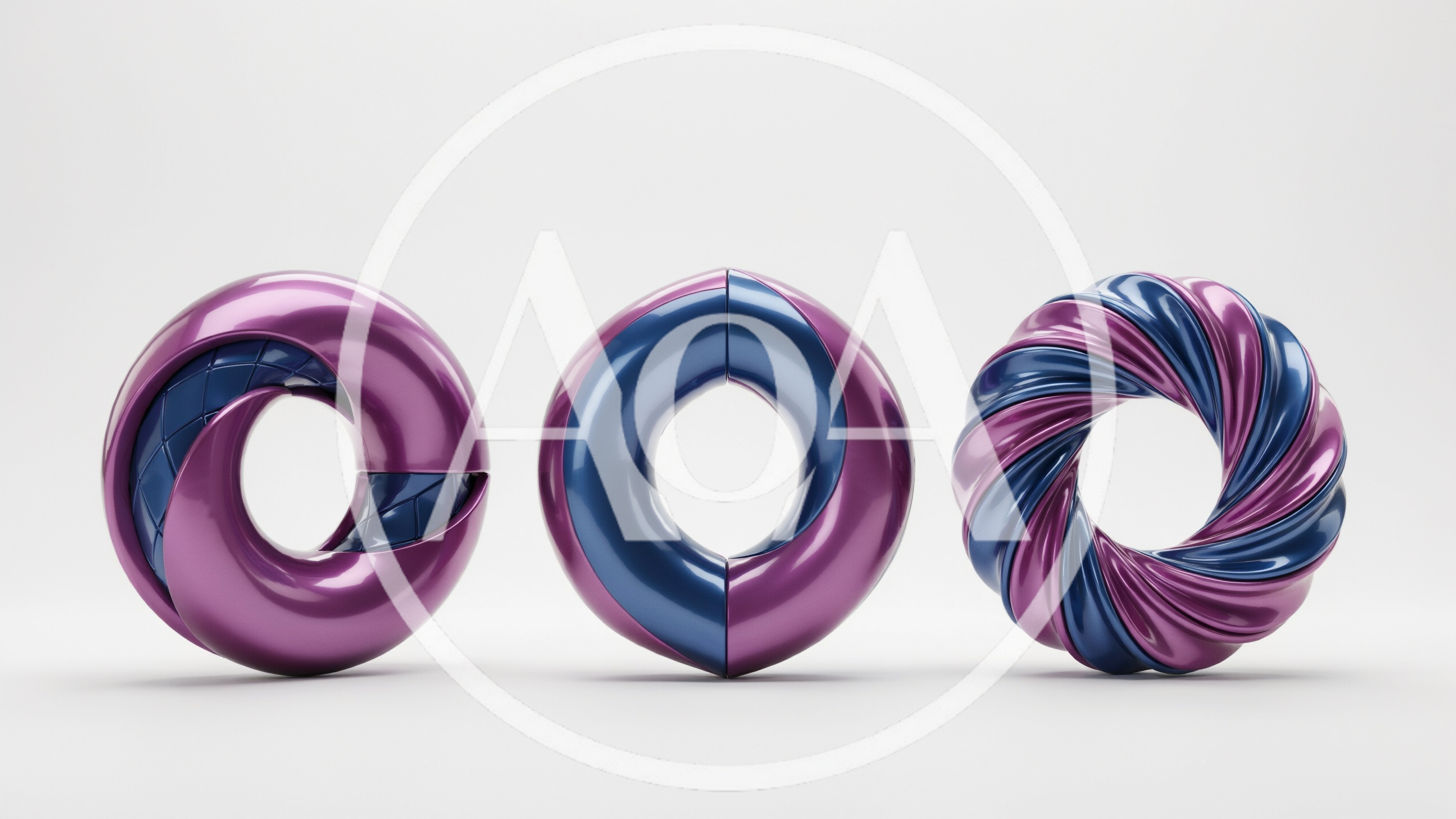 Three Abstract Metallic Torus Shapes On White Background