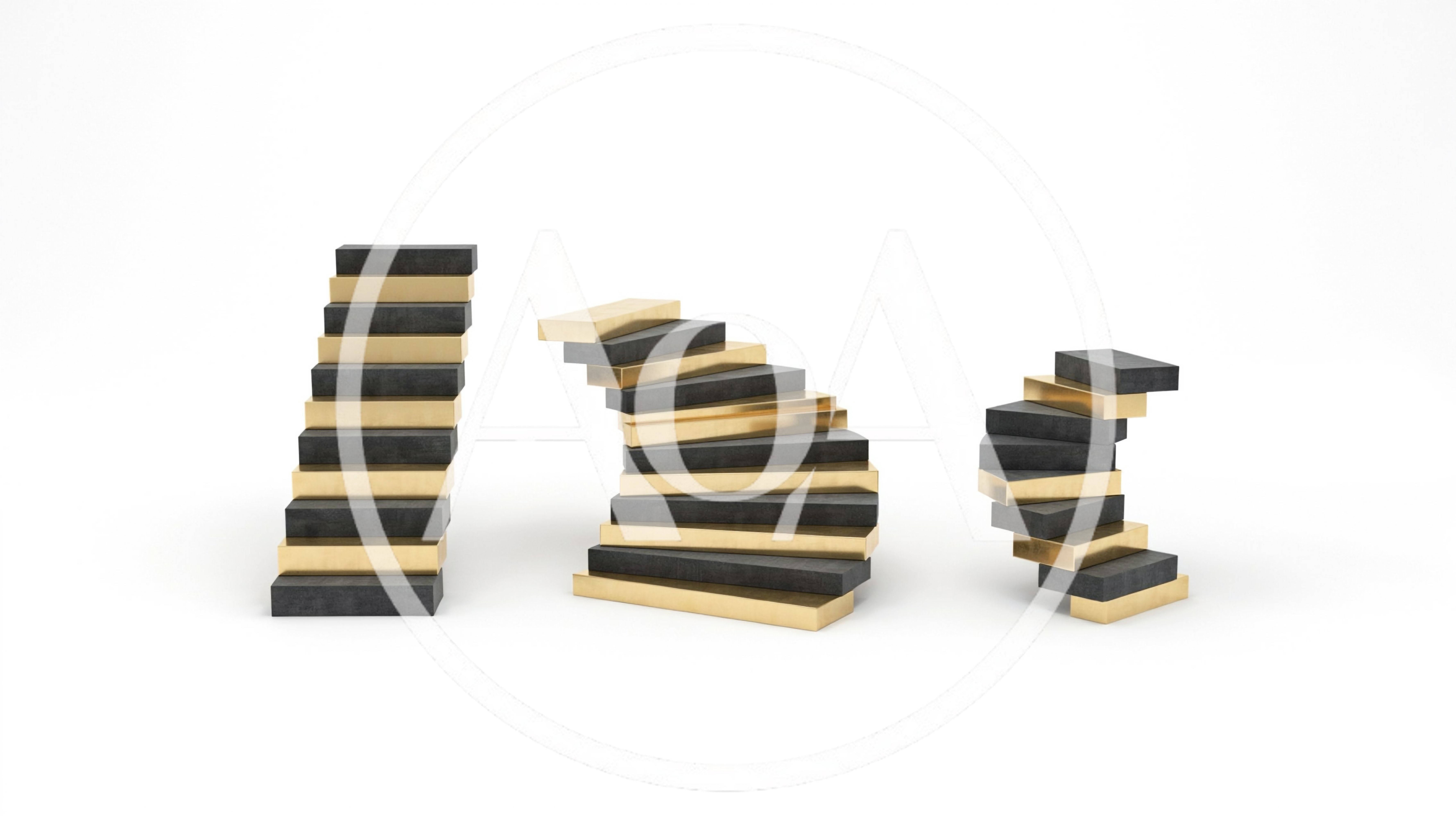 Three Abstract Staircase Structures With Gold And Concrete Steps