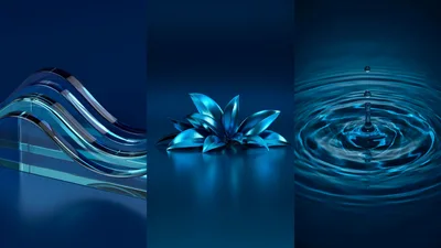 Abstract Blue Triptych Featuring Glass Waves Leaves And Ripples