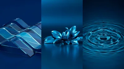 Abstract Blue Triptych Featuring Glass Waves Leaves And Ripples
