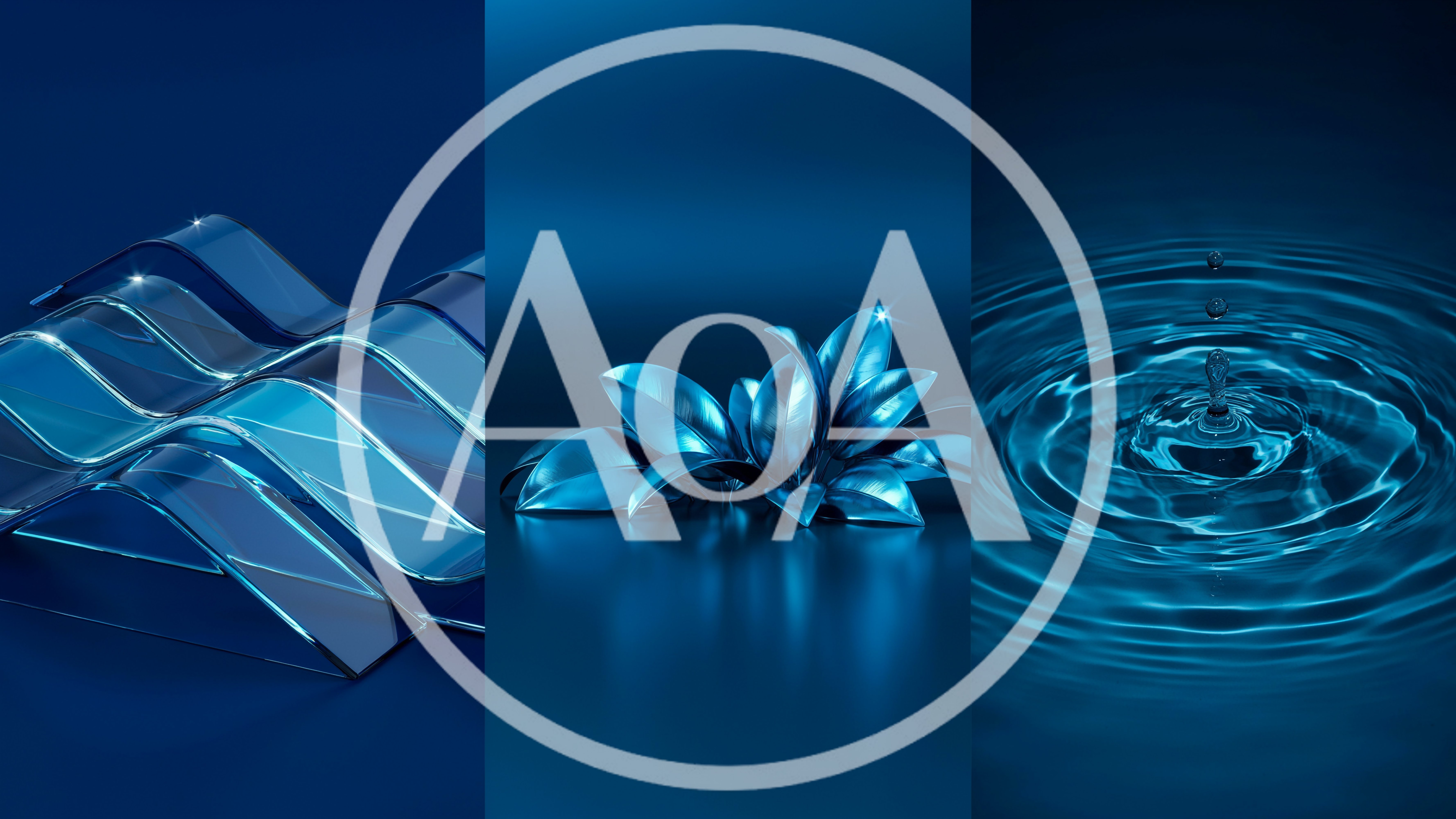 Abstract Blue Triptych Featuring Glass Waves Leaves And Ripples