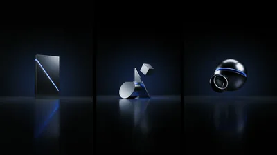 Abstract Metallic Geometric Shapes With Blue Light Accents