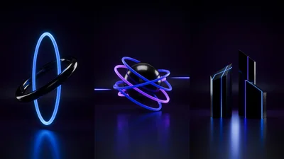 Abstract 3D Geometric Shapes With Neon Glowing Accents