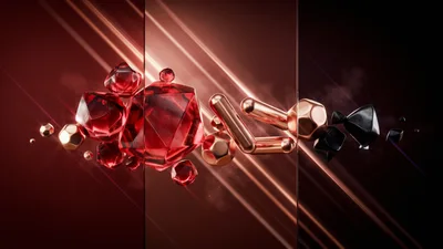 Abstract 3D Geometric Shapes With Red Light Flares