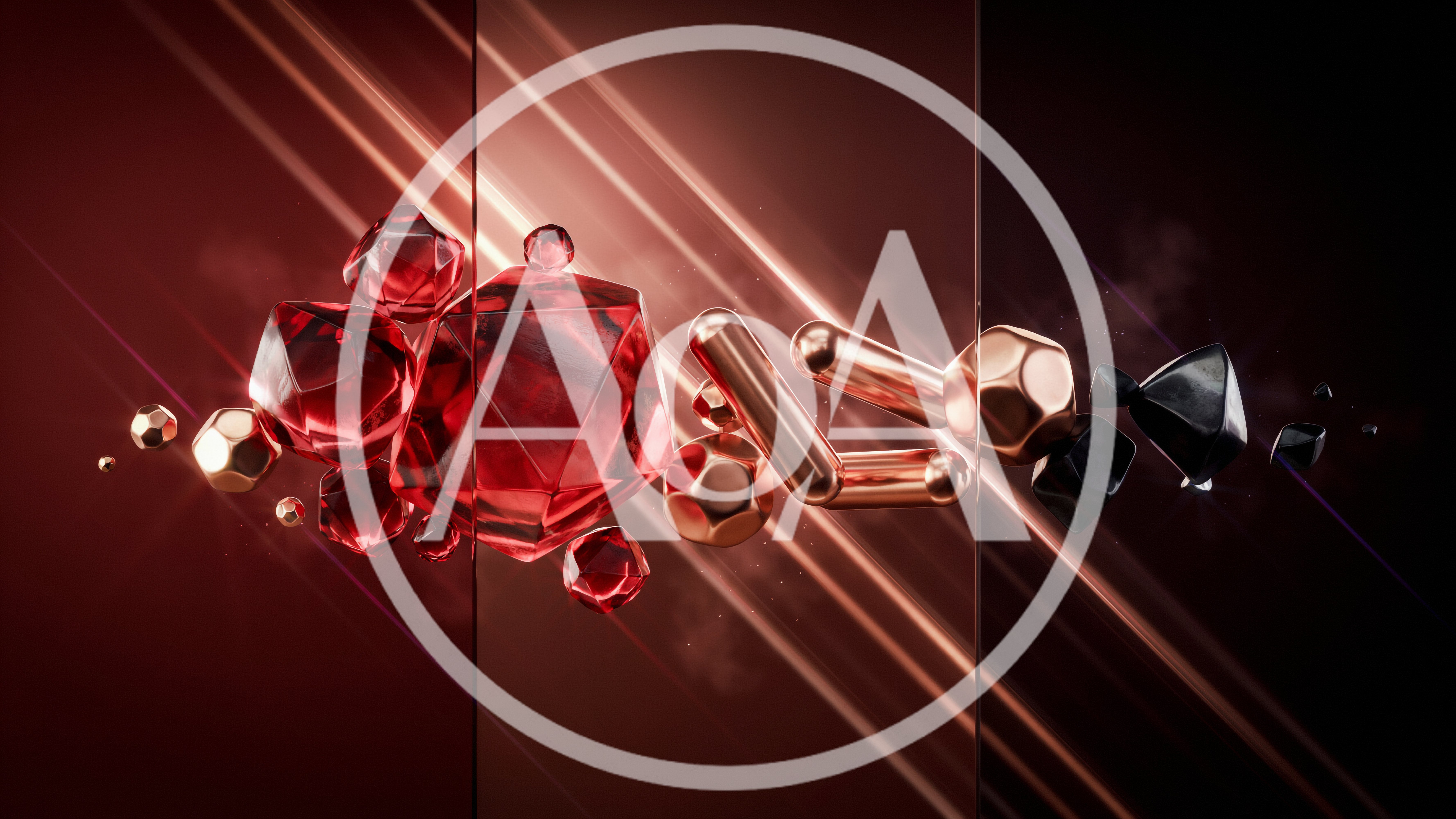 Abstract 3D Geometric Shapes With Red Light Flares