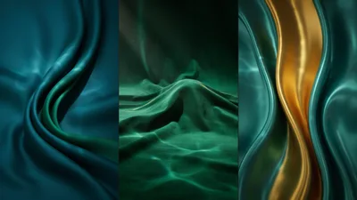 Abstract Backgrounds Of Flowing Teal And Gold Silk Fabric