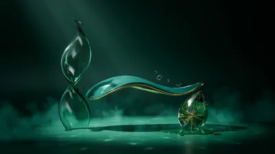 Abstract Glass Sculptures With Gold Accents In Green Fog