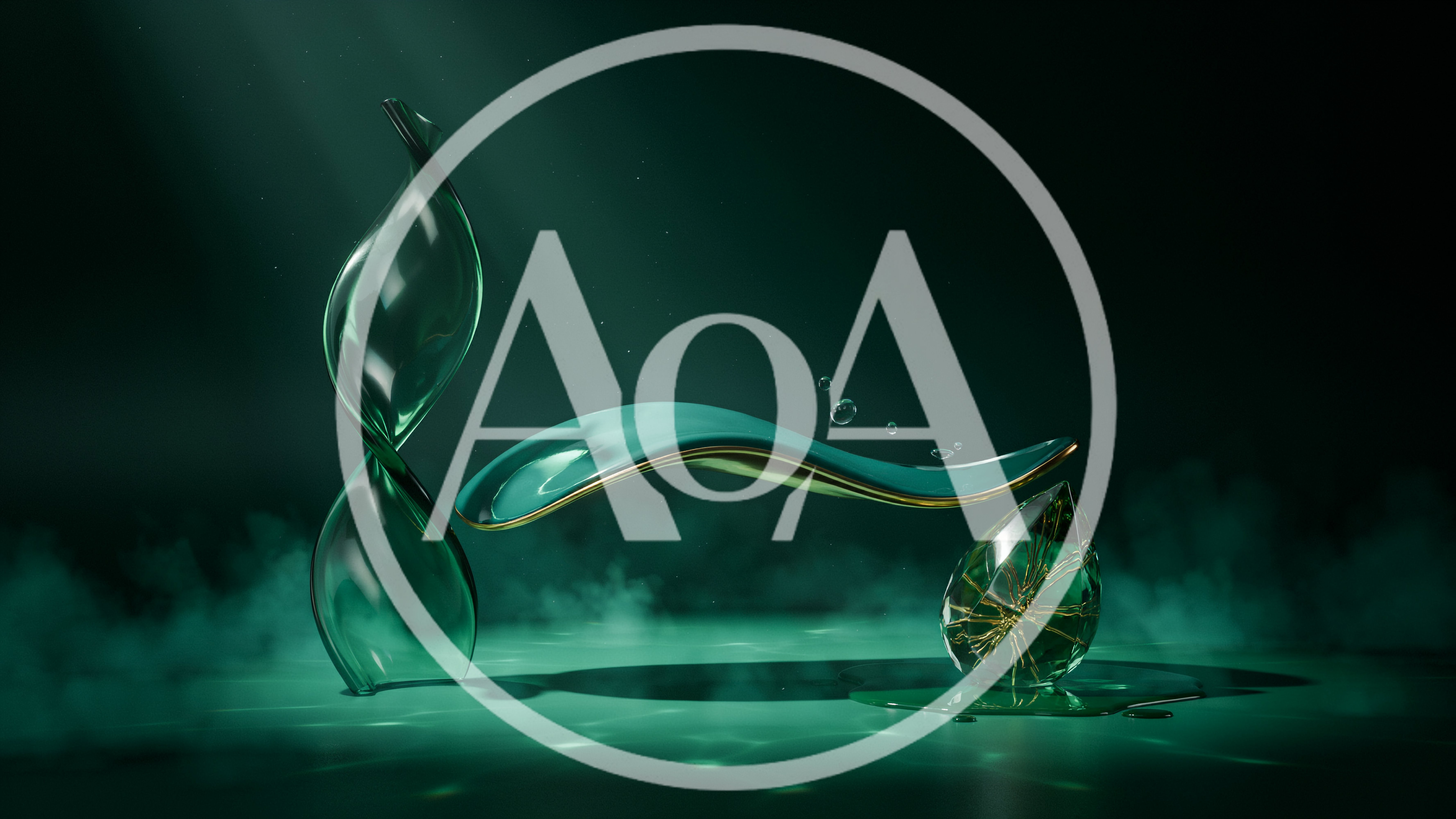 Abstract Glass Sculptures With Gold Accents In Green Fog