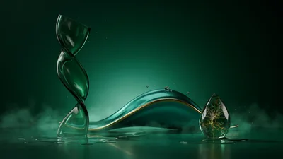 Abstract Glass Sculpture and Golden Elements on Green Background