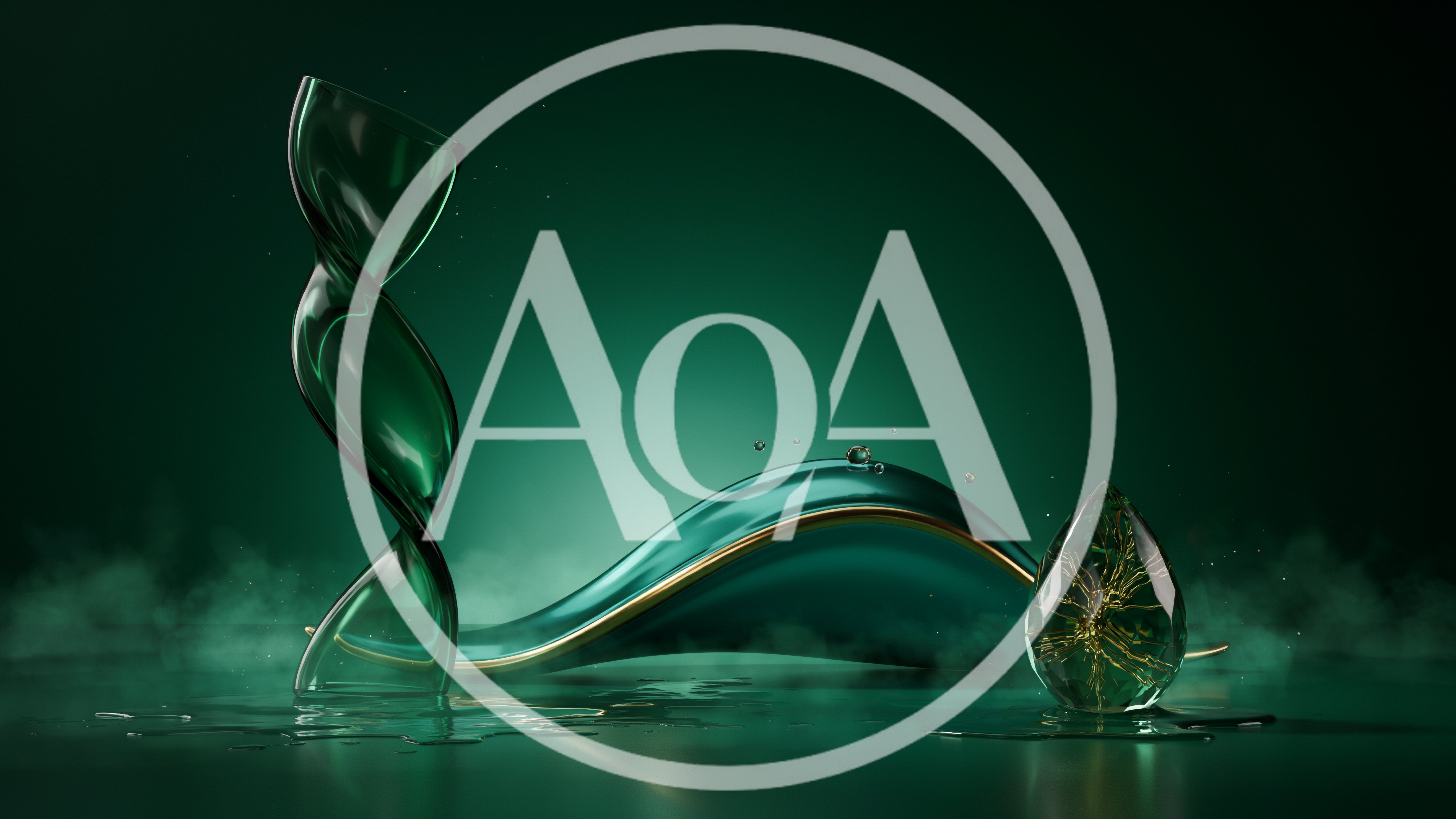 Abstract Glass Sculpture and Golden Elements on Green Background