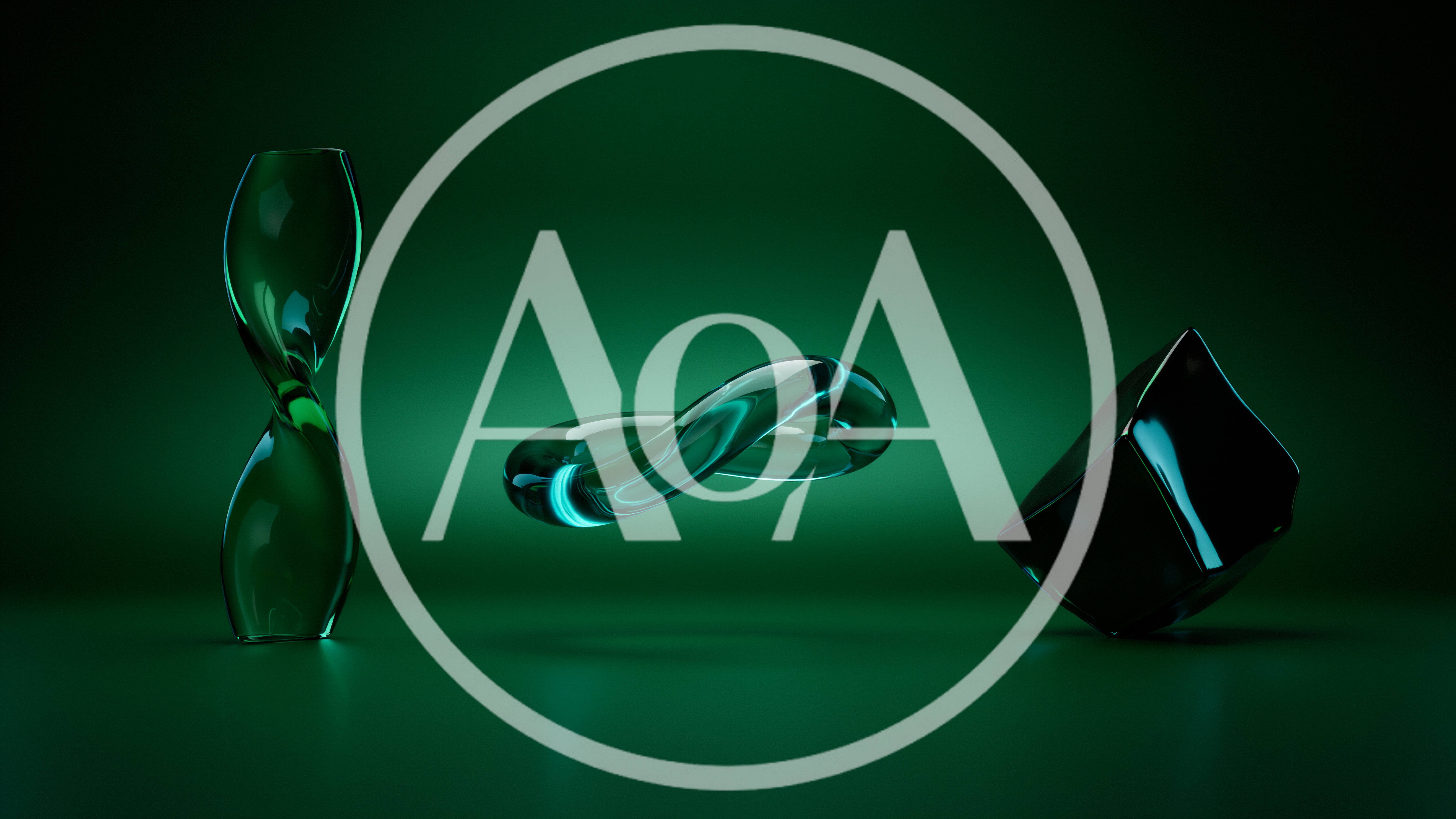 Abstract Glass Sculptures On A Dark Green Background