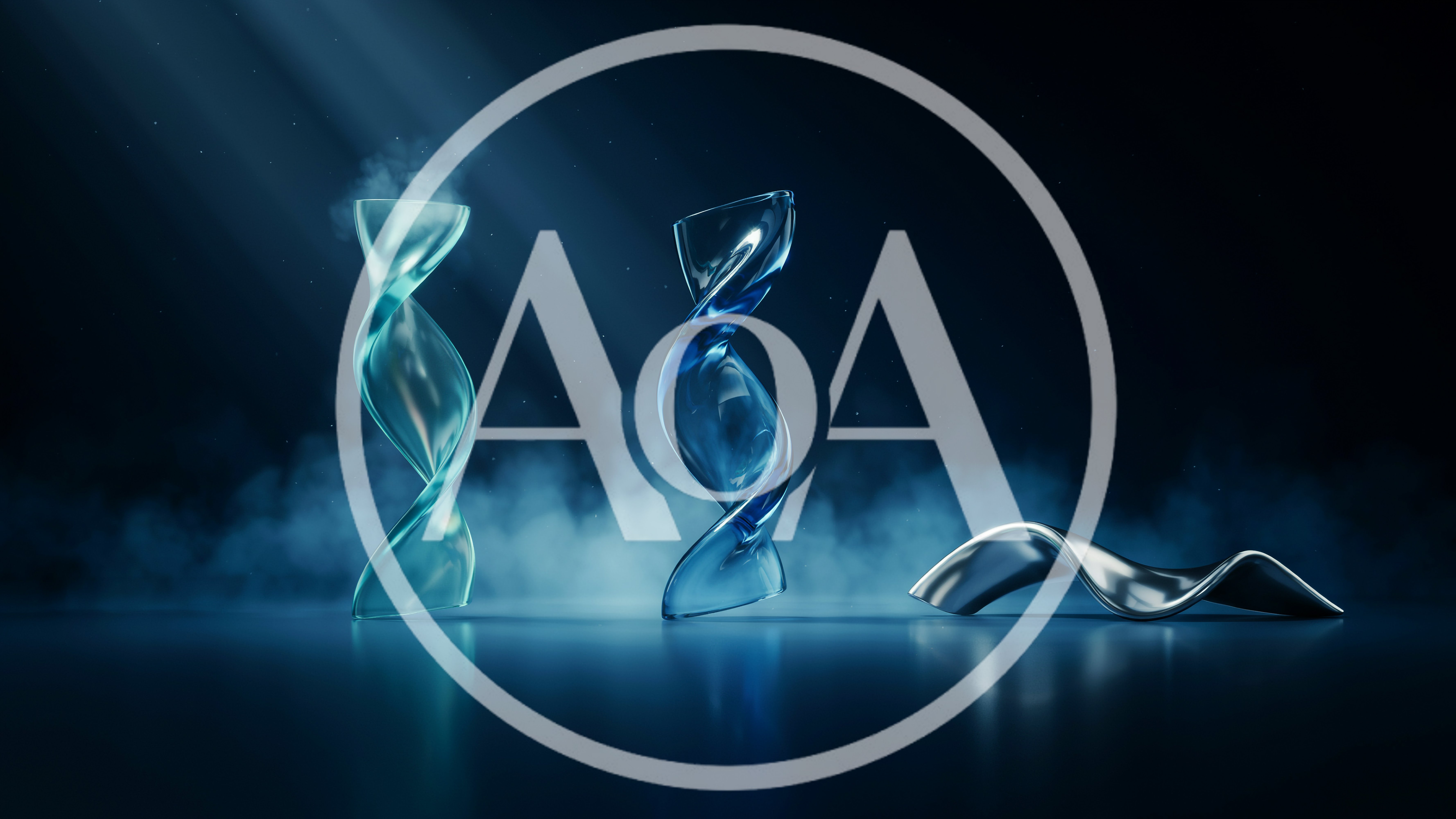 Abstract Glass And Metallic Sculptures In Foggy Environment