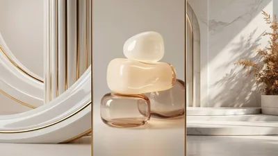 Abstract Glass Sculptures on Marble Pedestal