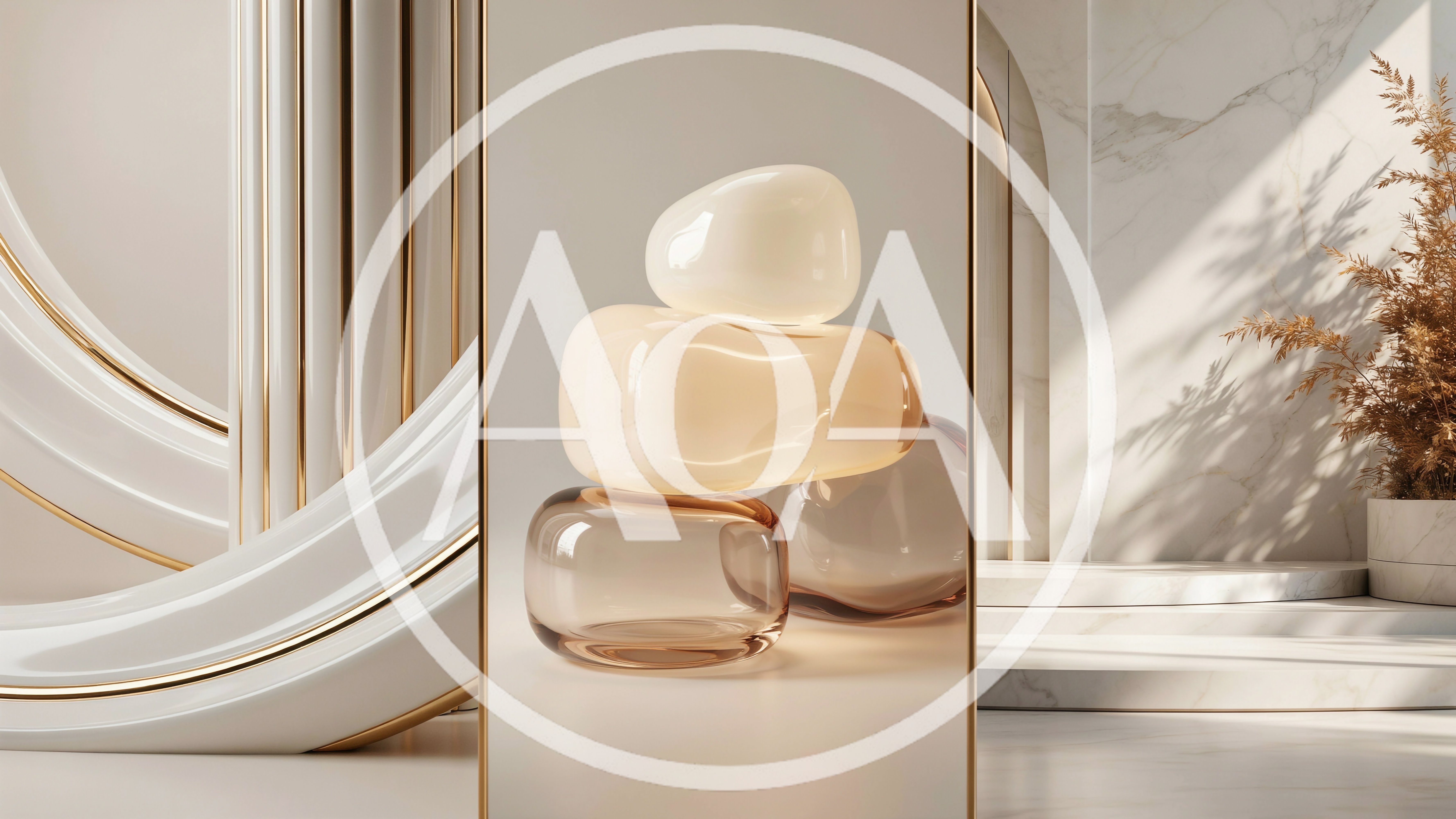 Abstract Glass Sculptures on Marble Pedestal