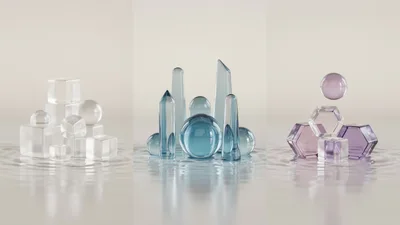Abstract Glass Geometric Shapes Floating On Water Surface