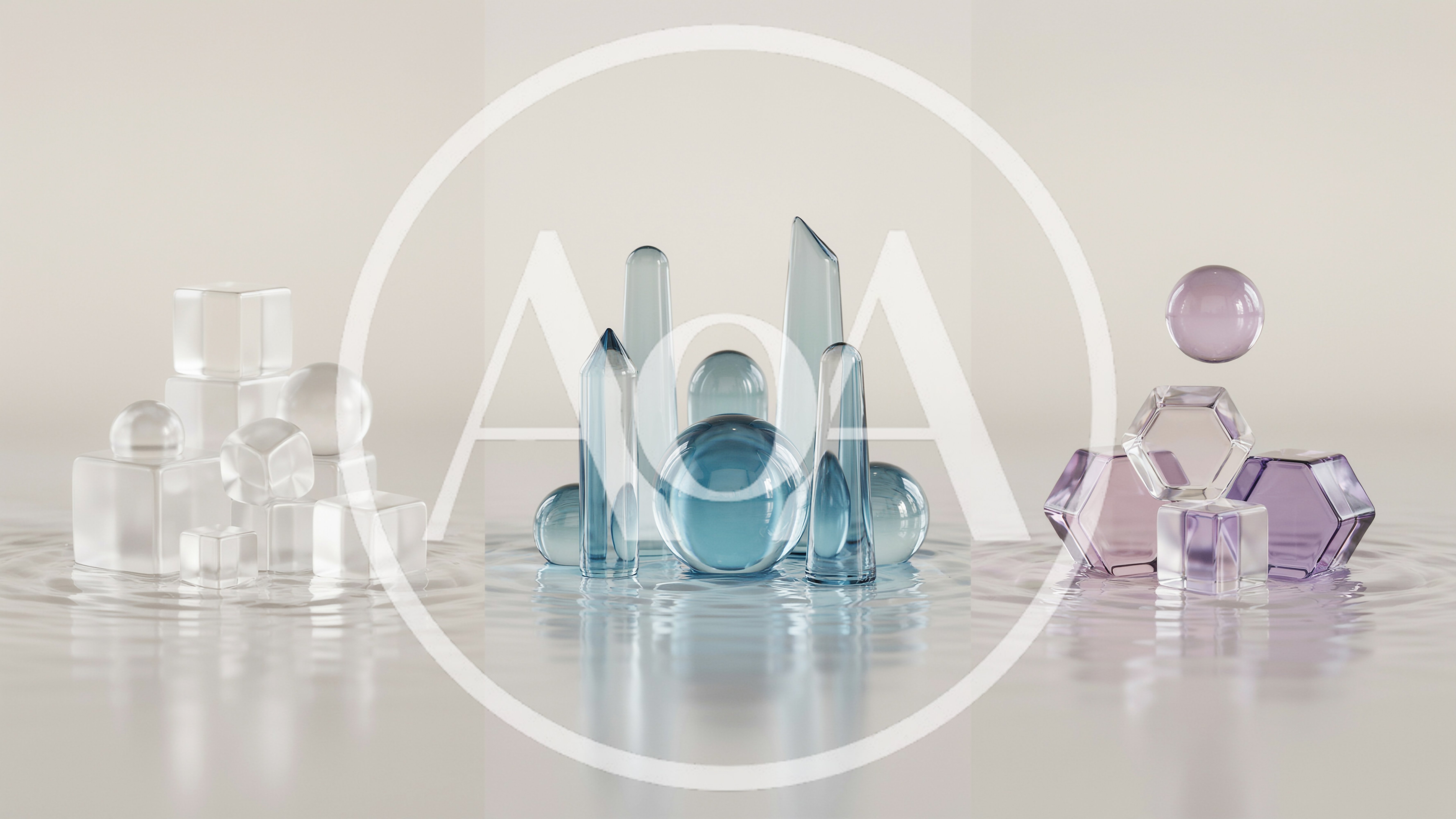 Abstract Glass Geometric Shapes Floating On Water Surface