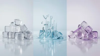 Three Abstract Compositions Of Glass Ice Cubes And Crystals