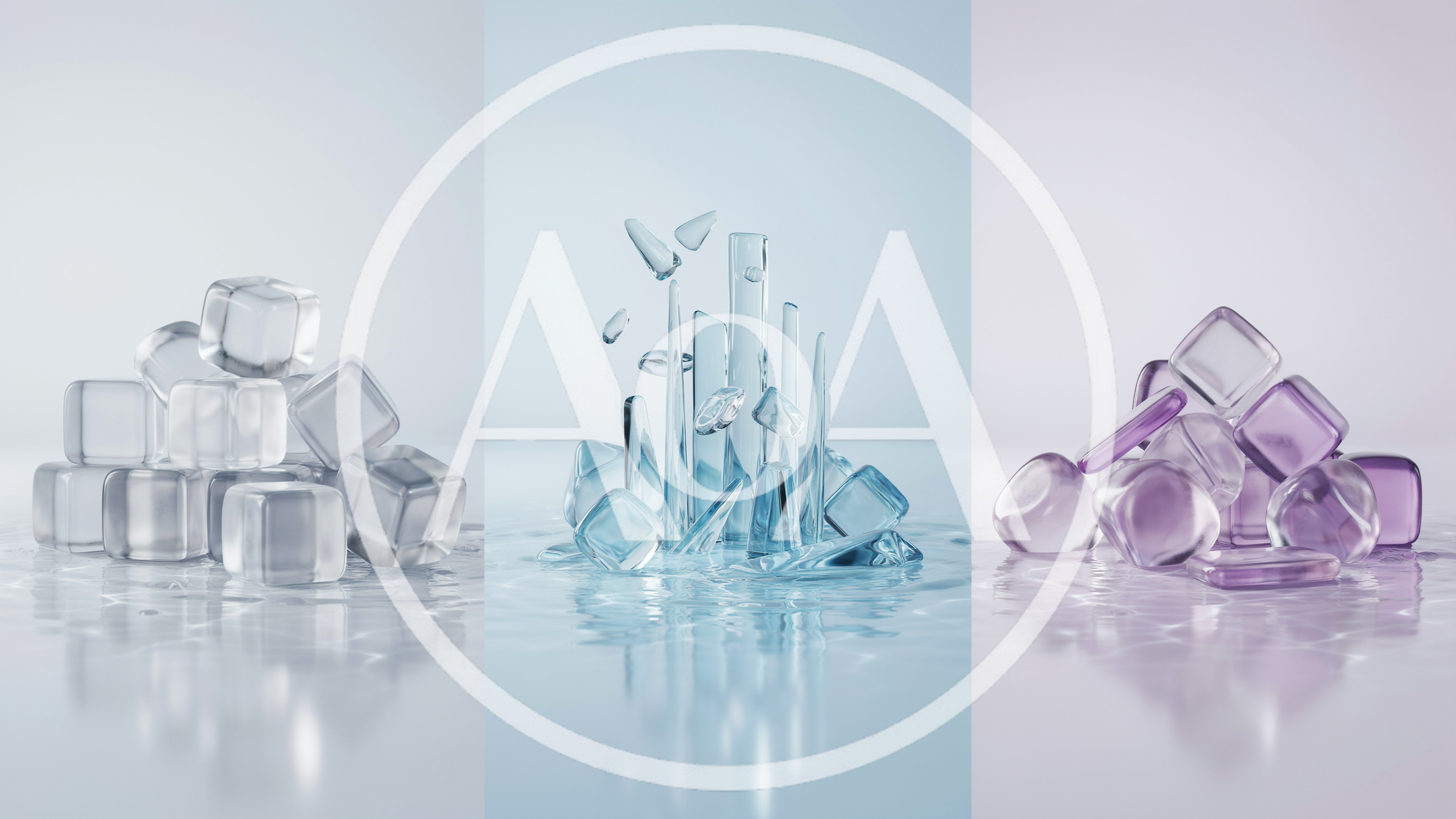 Three Abstract Compositions Of Glass Ice Cubes And Crystals