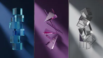 Abstract 3D Geometric Shapes Floating In Three Panels