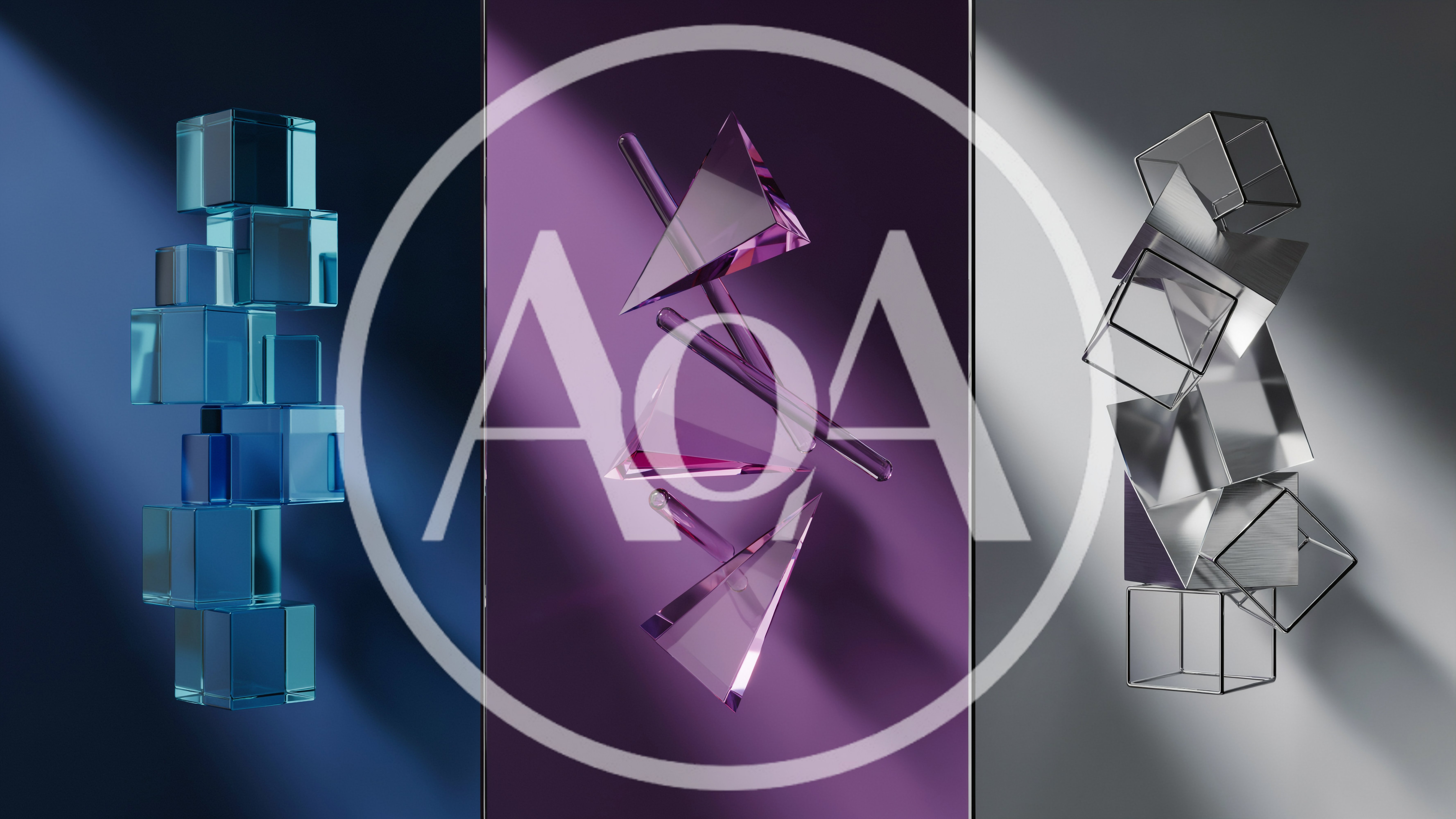Abstract 3D Geometric Shapes Floating In Three Panels