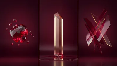 Abstract Red Crystal Compositions With Floating Geometric Shapes