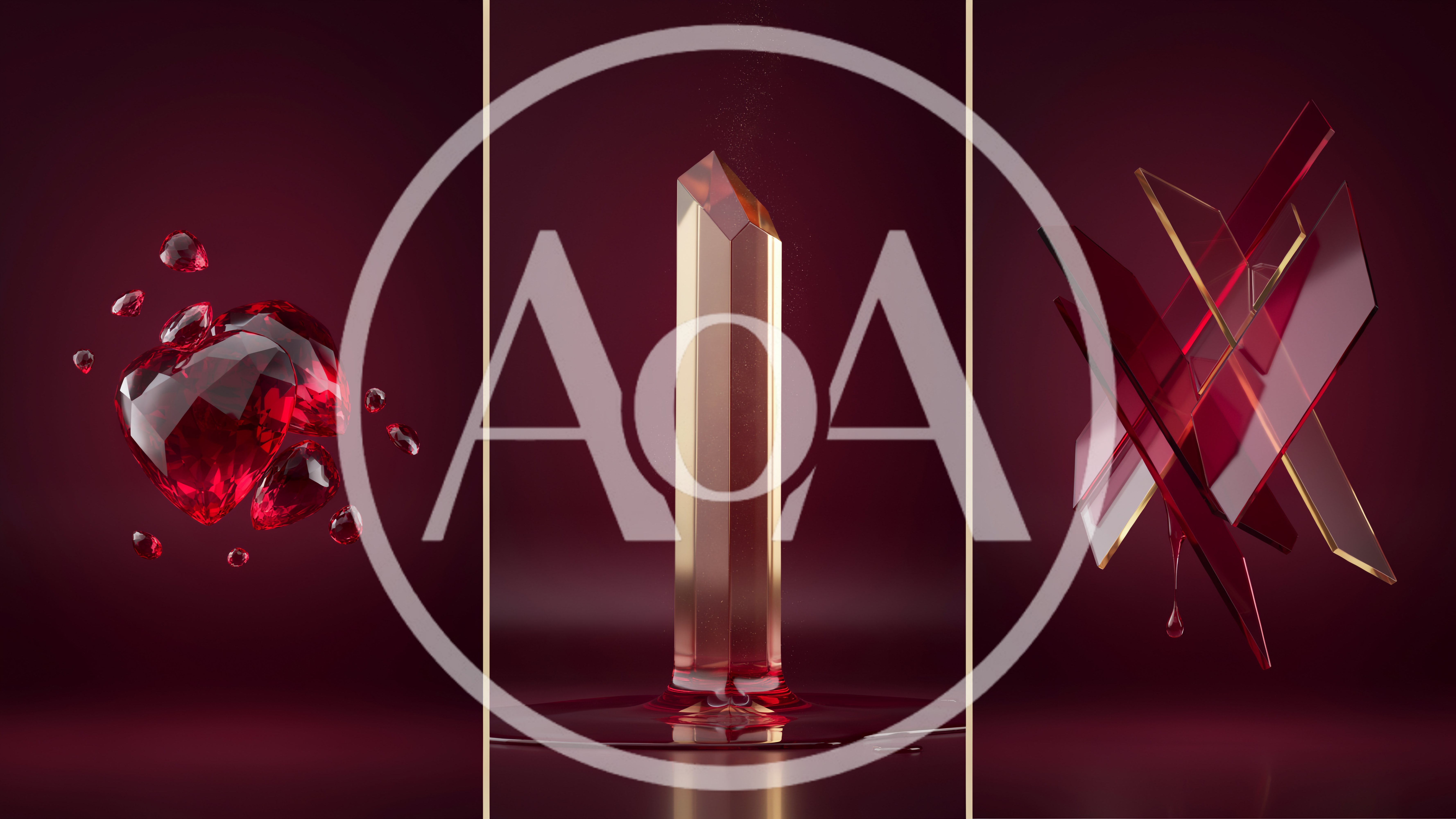 Abstract Red Crystal Compositions With Floating Geometric Shapes
