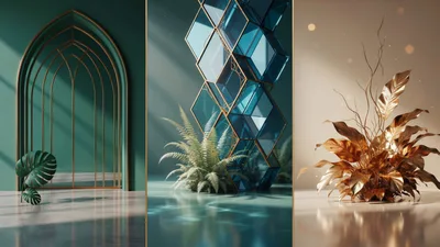 Abstract Luxury Interior Design Triptych With Gold Accents