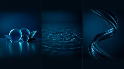 Abstract Blue Triptych With Spheres Water Ripples And Swirls