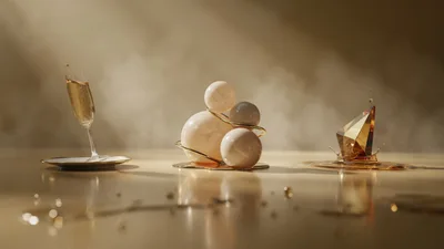 Abstract Composition With Spheres And Crystal In Golden Light