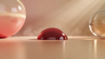 Abstract Glass Spheres and Red Dome on Surface