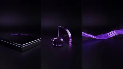 Abstract Purple Glass Shapes And Flowing Ribbon Background