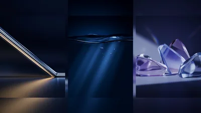 Abstract Triptych Featuring Metallic Lines Water Surface And Crystals